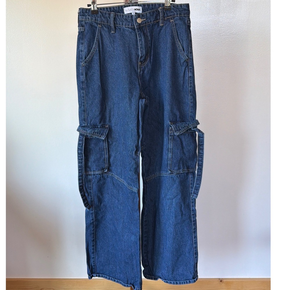 Fashion Nova Blue Denim Cargo Wide Leg Jeans High Rise 7 Skater Baggy Grunge 90s
